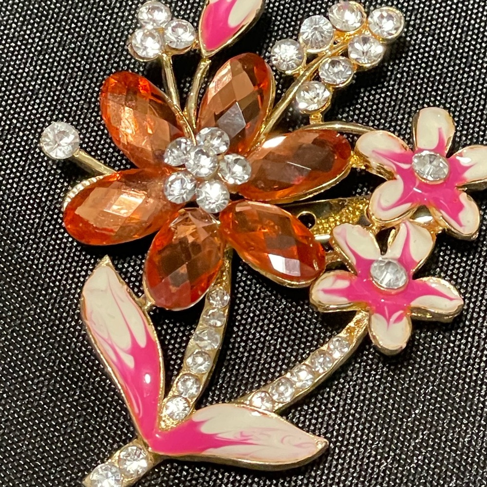 Vintage Brooch Floral Pink Enamel & Rhinestone